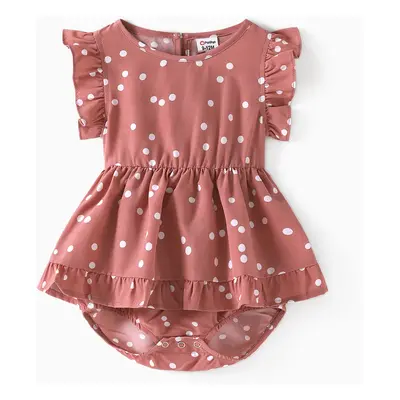 All Over Dots Pink Cross Wrap V Neck Ruffle Flutter-sleeve Dress for Mom and Me