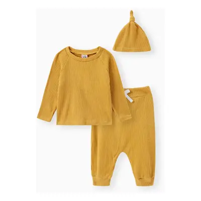 Baby Boy/Girl 3pcs Solid Ribbed Long-sleeve Pullover and Trouser Set