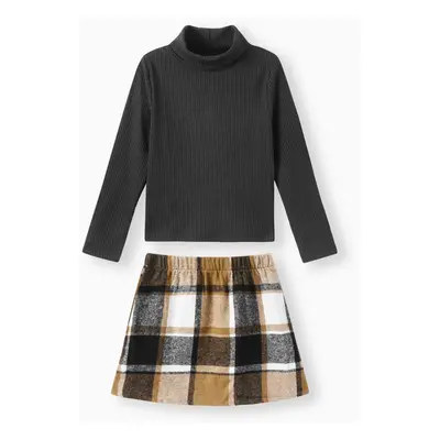 2pcs Kid Girl Turtleneck Long-sleeve Black Tee and Plaid Skirt Set