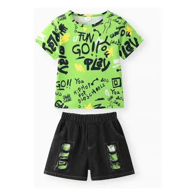 2pcs Toddler Boy Trendy Ripped Denim Shorts and Letter Print Tee Set