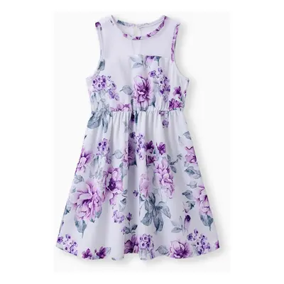 Kid Girl Floral Print Mesh Design Sleeveless Dress