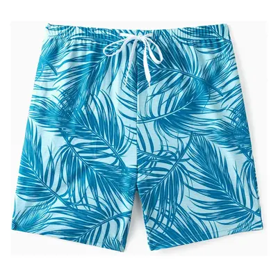 Family Matching Leaf Pattern Drawstring Swim Trunks or One-Shoulder Bikini with Removable Strap