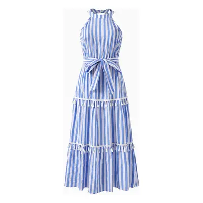 Family Matching Stripe Shirt and High Neck Halter Tiered Tassel Trim Dress Sets