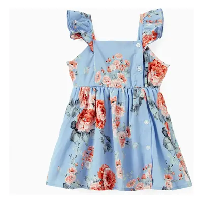 Family Matching Sets Pure Blue Polo Shirt or Flower Floral Shirred Top A-Line Sleeveless Dress