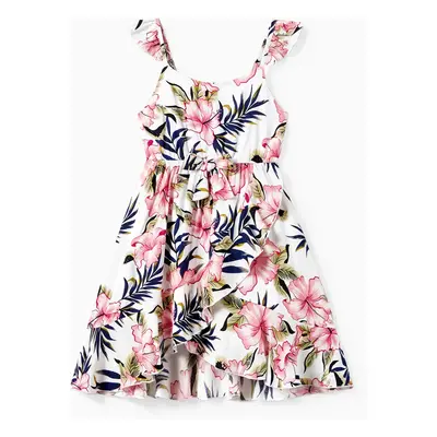 Family Matching Floral Wrap Bottom Strap Dress and Colorblock T-shirt Sets