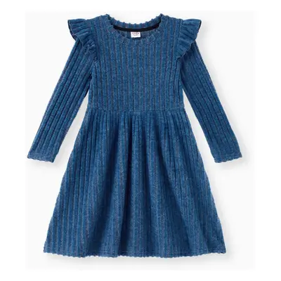 Family Matching Sets Blue Ribbed Long Sleeves Henley Neck Top or Tie Side Dress