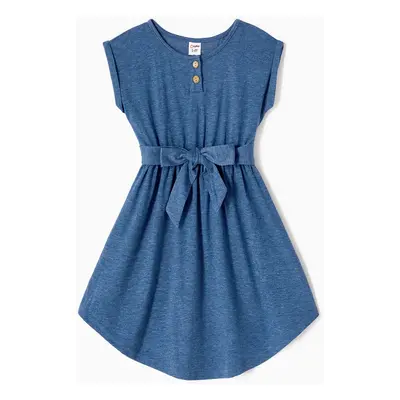 Family Matching Soft Casual Outfit with Below Knee Dresses, Front Buttons, Belted Design