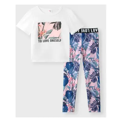 2-piece Kid Girl Letter Leaf Print Tee and Elasticized Leggings Set