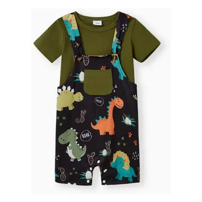 2pcs Baby Boy Short-sleeve Solid Tee and Allover Dinosaur Print Overall Romper Set