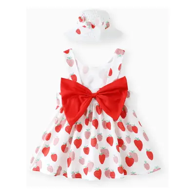 100% Cotton 2pcs Baby Girl All Over Red Strawberry Print Sleeveless Bowknot Dress with Hat Set