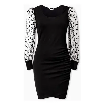 Mommy and Me Black Long Mesh Sleeves Cotton Bodycon Dresses