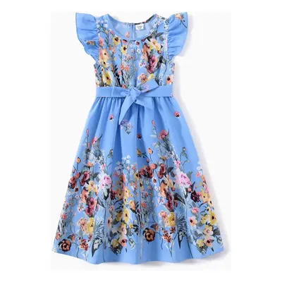 Family Matching Floral Print Ruffle-sleeve Belted Midi Dresses and Striped Short-sleeve T-shirts