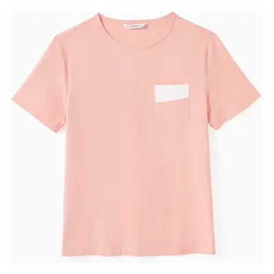 Family Matching Solid Color/ Raglan Sleeves Tee and Pink Cami Embroidered Tulle Strap Dress Sets