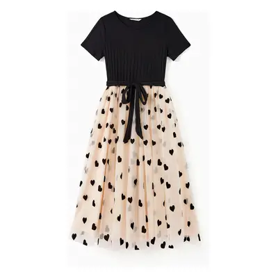 Mommy and Me Black Top Spliced Heart Pattern Mesh Dresses