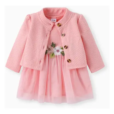 2pcs Baby Girl Buttons Front Long-sleeve Textured Jacket and Floral Decor Mesh Panel Tank Dress 