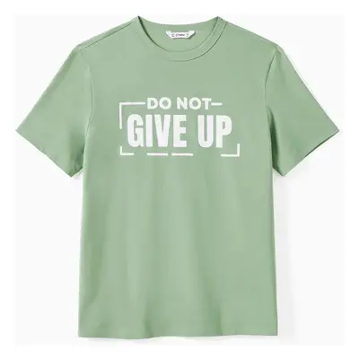 Family Matching Light Green Slogan Tee and Lace sides Strap Dress Sets