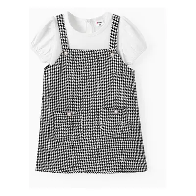 Toddler Girl 2pcs Puff-sleeve Tee and Grid Print Overall Dress Set