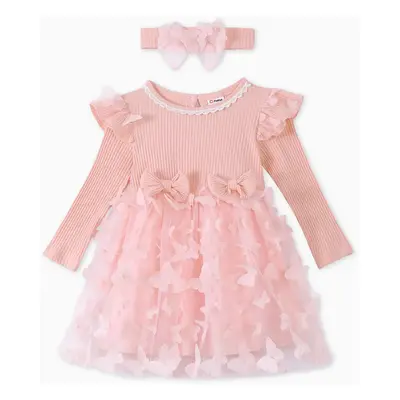 2pcs Baby Girl 95% Cotton Ribbed Long-sleeve Splicing 3D Butterfly Appliques Mesh Fairy Dress wi