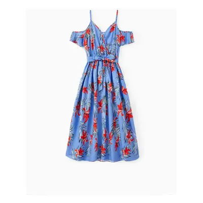 Mommy and Me Floral Pattern Set with Pockets or Open Shoulder Ruffle Hem Strap Dress with Hidden