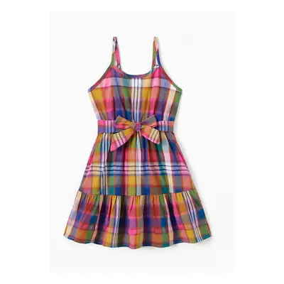 Family Matching Sets Preppy Style Solid Color Polo Shirt or Colorful Plaid Ruffle Hem Belted Str