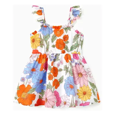 Family Matching Sets Colorful Striped Tee or Floral Ruched Bust Tie Neck Sleeveless Strap Dress