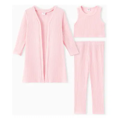 3pcs Toddler Girl Solid Color Ribbed Set