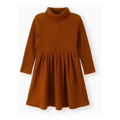 Toddler Girl Turtleneck Solid Color Ribbed Long-sleeve Dress