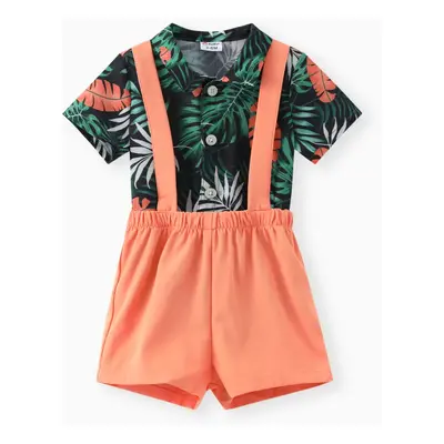 Baby Boy Square-Cut Collar Tropical Floral Print Romper and Overall Shorts Set