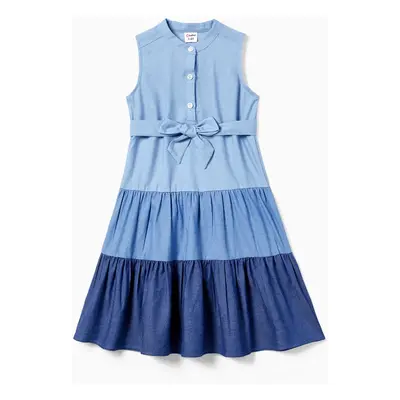 Family Matching Colorblock Shirt and Tiered A-line Pleated Dress Sets