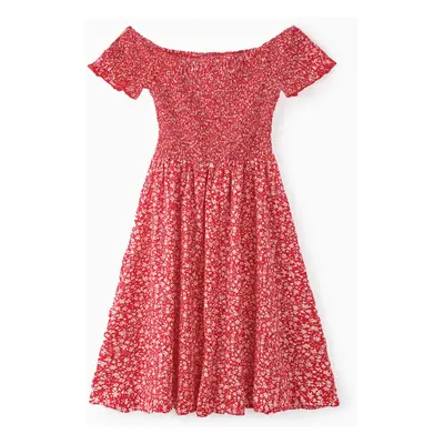 All Over Red Floral Print Off Shoulder Short-sleeve Shirred Dress for Mom and Me