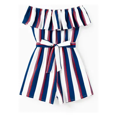 Mommy and Me Off Shoulder Ruffle Trim Vertical Stripe Romper