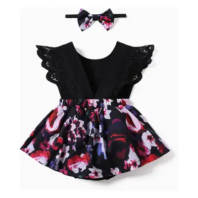 2pcs Baby Girl 95% Cotton Lace Flutter-sleeve Floral Print Romper with Headband Set