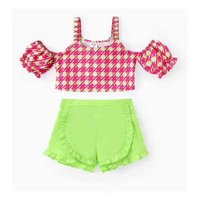 Toddler Girl 2pcs Sweet Grid Print Top and Ruffled Shorts Set