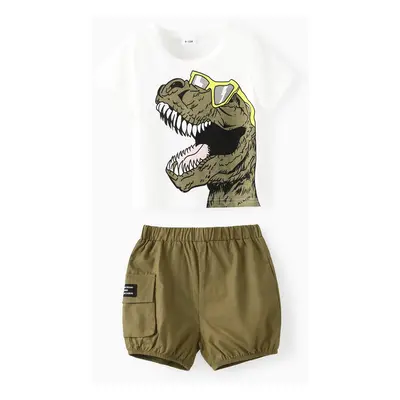 2pcs Baby Boy Glasses Dinosaur Print Short-sleeve Tee and Cargo Shorts Set