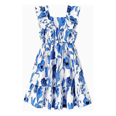 Mommy and Me Blue Floral Shirred Top Ruffle Hem Strap Dress