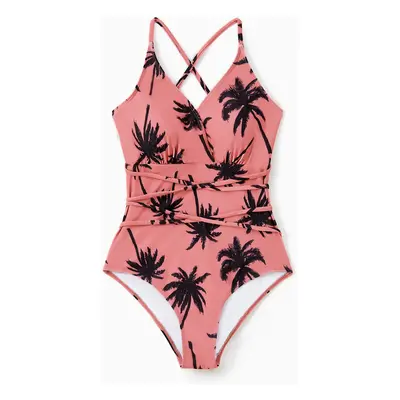 Family Matching All Over Coconut Tree Print Pink Swim Trunks Shorts and Spaghetti Strap One-Piec