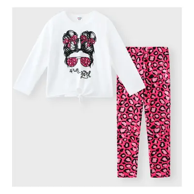 2pcs Kid Girl Cartoon Print Tie Knot Long-sleeve Tee and Leopard Print Leggings Set