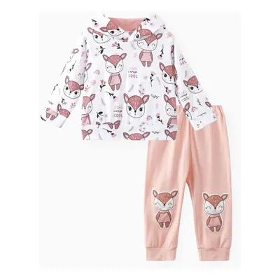 2pcs Baby Girl 95% Cotton Animal Print Sweatpants and Long-sleeve Hoodie Set