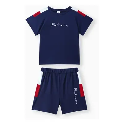 2pcs Toddler Boy Casual Colorblock Letter Print Tee & Shorts Set