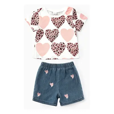 2pcs Baby Girls Childlike Heart-shaped Short-sleeve Tee and Denim Pants Set