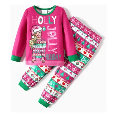 Barbie Outfit Christmas Mommy and Me Hot Pink Long-sleeve Graphic Print Pajamas Sets (Flame Resi