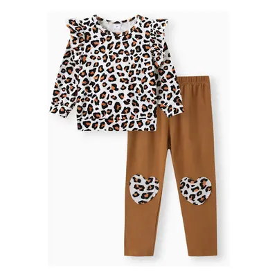 2-piece Toddler Girl Leopard Print Flutter Long-sleeve Top and Heart Pattern Pants Set