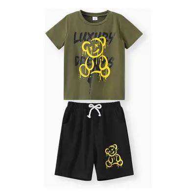 Bear Print Shorts Set for Girls, Polyester Spandex, 2pcs, Avant-garde Style, Animal Pattern