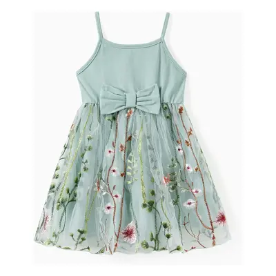 Family Matching Solid Color/ Raglan Sleeves Tee and Cami Embroidered Tulle Strap Dress Sets