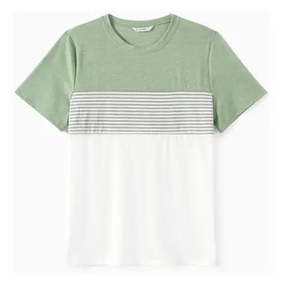 Family Matching Colorblock Stripe Tee and Green Button A-Line Dress Sets