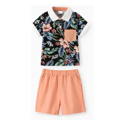 2pcs Baby Boy Floral Print Short-sleeve Polo Shirt and Solid Shorts Set