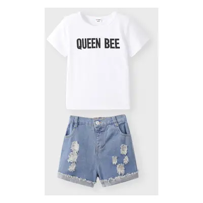 2pcs Kid Girl Letter Print Short-sleeve White Tee and Ripped Denim Shorts Set