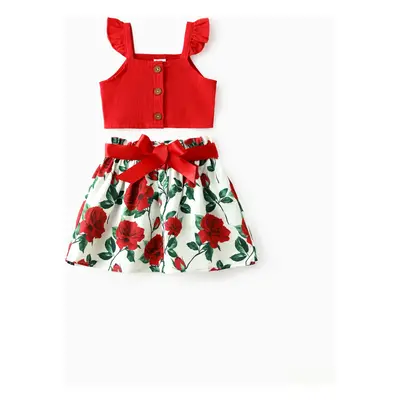 Toddler Girl 2pcs Crop Top and Floral Print Skirt Set