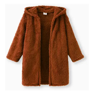 Kid Boy/Kid Girl Solid Color Hooded Fuzzy Coat Jacket