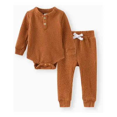 2pcs Solid Waffle Long-sleeve Baby Set